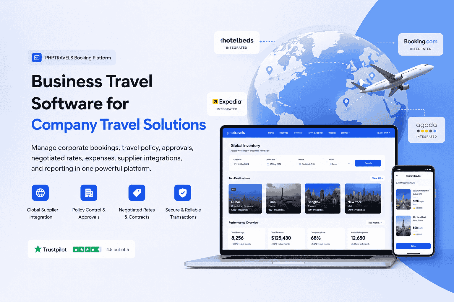Business travel software dashboard showing approvals, hotel rates, flight booking, company travel solutions, policy controls, and reporting
